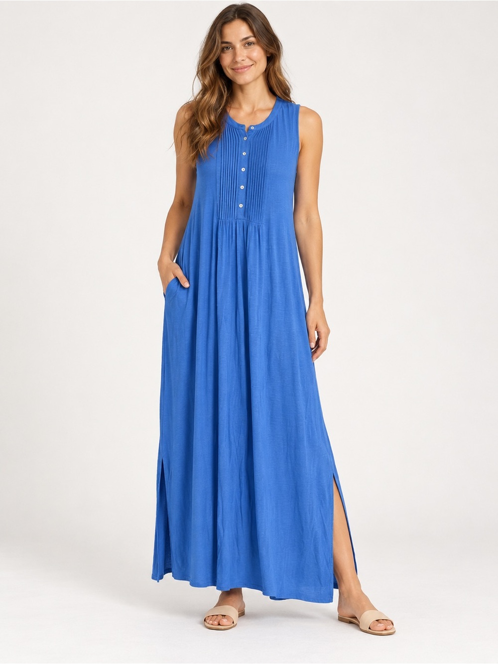 J.Jill Blue Sleeveless Button Front Pleated Maxi Dress Large Tall